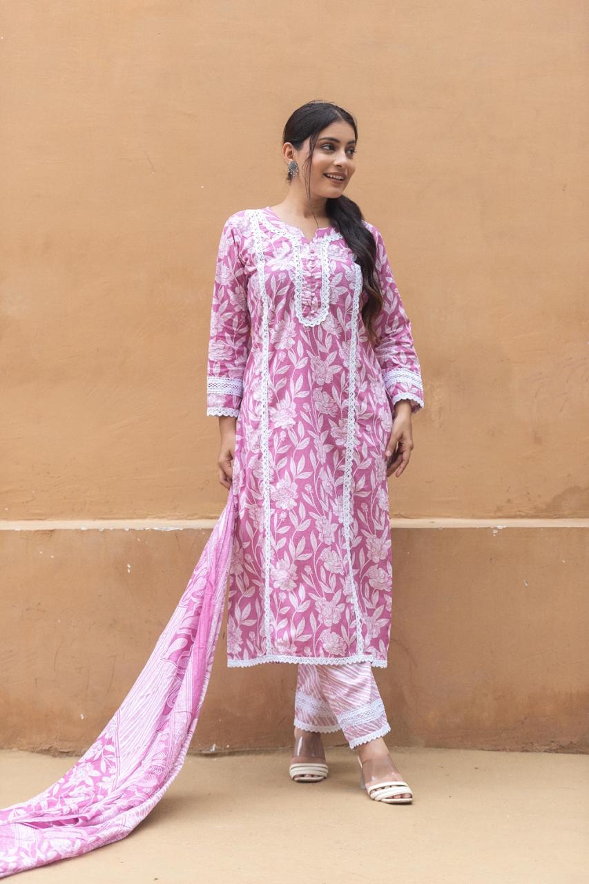 Pakistani White Lace Cotton Kurta Set